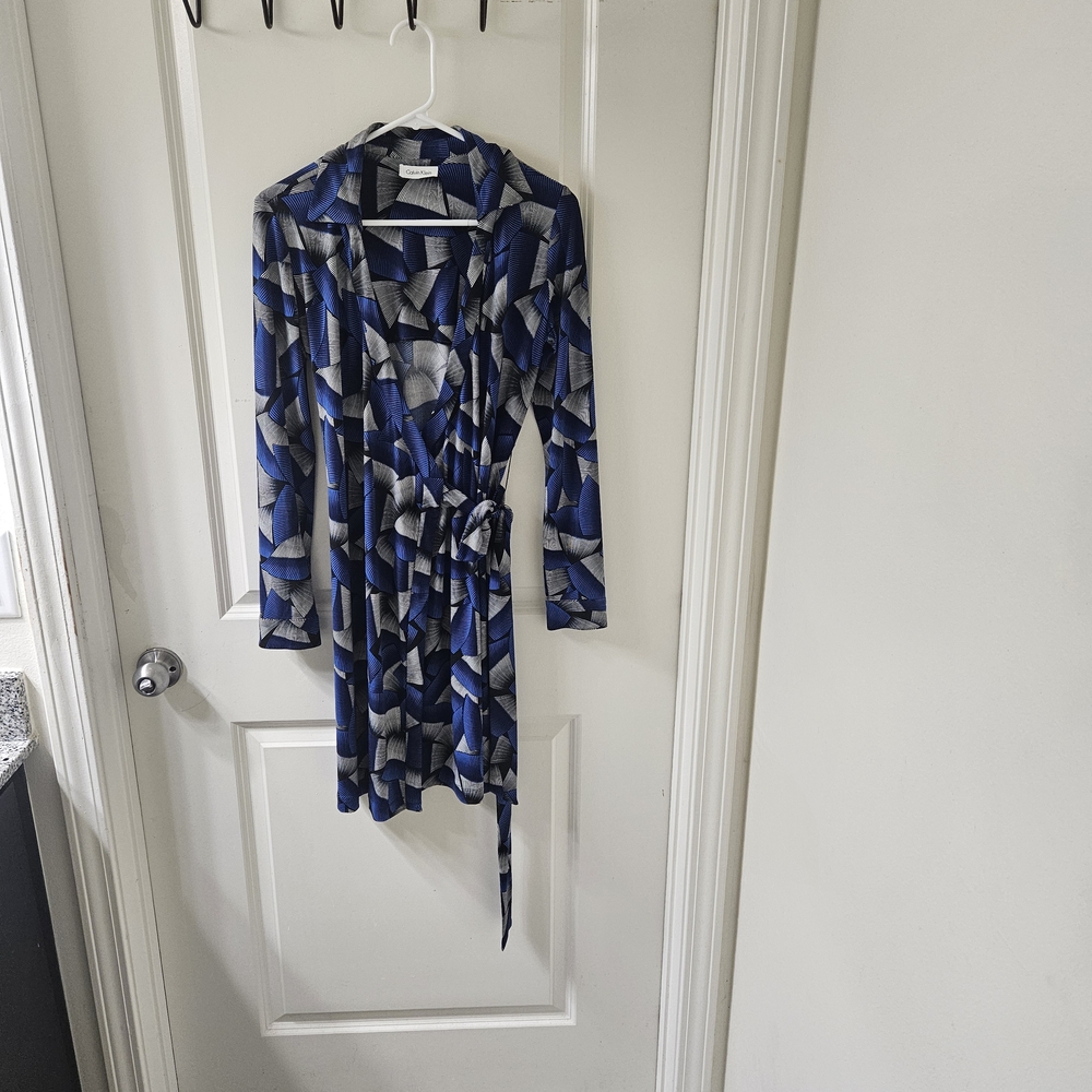 Calvin Klein Blue and Black Geometric Wrap Dress